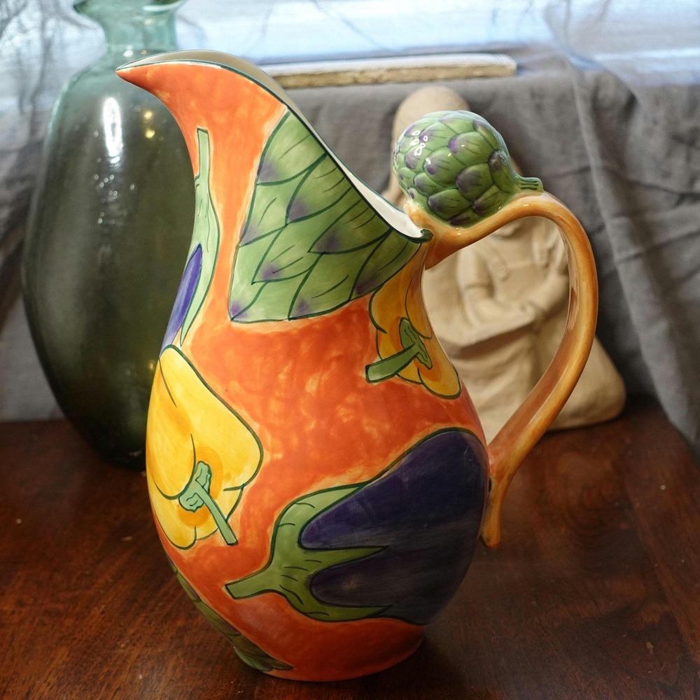 Clay Art Toscano‎ collection large pitcher bright colors with vegetables